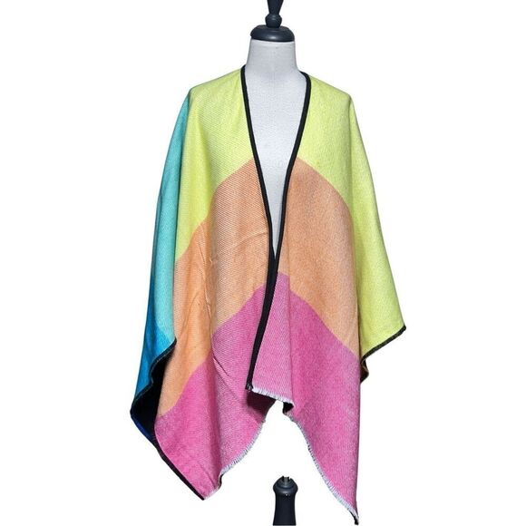 Kurt Geiger NWT Colorful Rainbow Shawl Reversible Ruana Poncho Wrap One Size - Picture 1 of 5